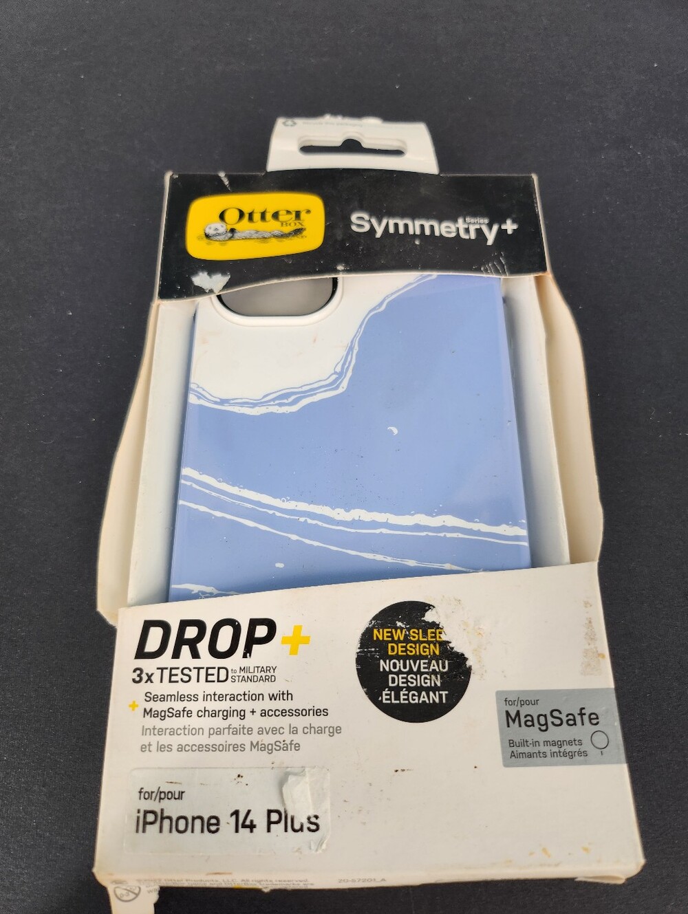 OtterBox Symmetry+ iPhone 14 Plus Case MagSafe Blue White Marble Waves Euphoria